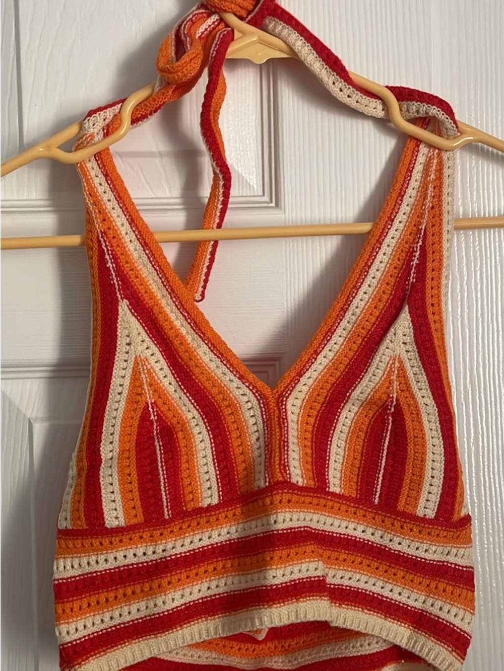 Striped Crochet Halter Crop Top - Red/Orange/Cream